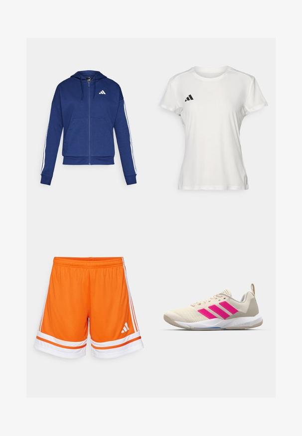 Marineblå hettejakke med glidelås laget av myk stoff, med en frontlomme, hvite striper langs ermene og en logo på brystet.; Hvit treningst-skjorte laget av fukttransporterende stoff. Korte ermer, rund hals, med svart logo og tre-stripes emblem på venstre bryst.; Oransje sportsbukser med teksturert stoff, hvite detaljer og tre hvite striper langs sidene. Elastisk midjebånd for komfort.; Beige atletik sko med rosa tre-stripes logo, teksturert mesh-overdel, polstret krage og hvit gummisåle, med "LIGHTSTRIKE" merke.