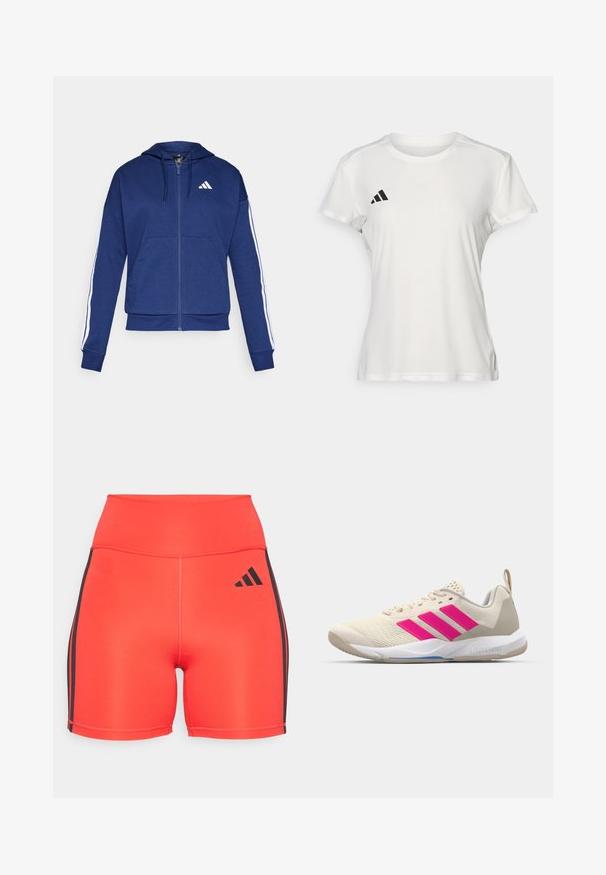 Tummansininen zip-up huppari, joka on valmistettu pehmeästä kankaasta. Hupparissa on etutasku, valkoiset raidat hihoissa ja logo rinnassa.; Valkoinen urheilupaita, joka on valmistettu kosteutta siirtävästä kankaasta. Lyhyet hihat, pyöreä kaula-aukko, musta logo ja kolmiraidallinen emblem vasemmassa rinnassa.; kirkkaan punaiset urheilushortsit korkealla vyötäröllä, joissa on mustat sivuraidat ja Adidas-logo. Valmistettu joustavasta kankaasta mukavuutta varten.; Beige urheilujalkine, jossa on vaaleanpunainen kolmonen-striippi-logo, teksturoitu verkko-yläosa, pehmustettu kaulus ja valkoinen kumipohja, jossa on "LIGHTSTRIKE" -brändäys.