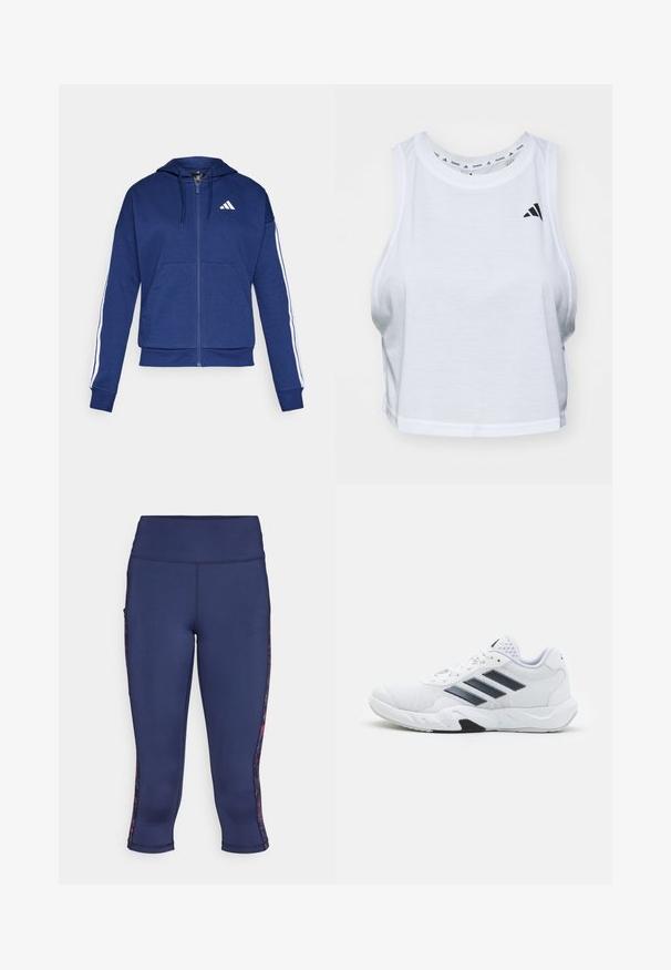Marineblå hettejakke med glidelås laget av myk stoff, med en frontlomme, hvite striper langs ermene og en logo på brystet.; Hvit, kort tanktopp laget av lett stoff med rund hals. Har en svart logo på venstre side og en glatt tekstur.; Navy capri tights laget av elastisk stoff har sidelommer og teksturerte blomsterdetaljer langs sidene. Glatt design på livstykket.; Hvit sportsko med mesh-overdel, tre svarte striper på siden, teksturerte detaljer og en solid gummisåle med en kontrasterende svart seksjon.