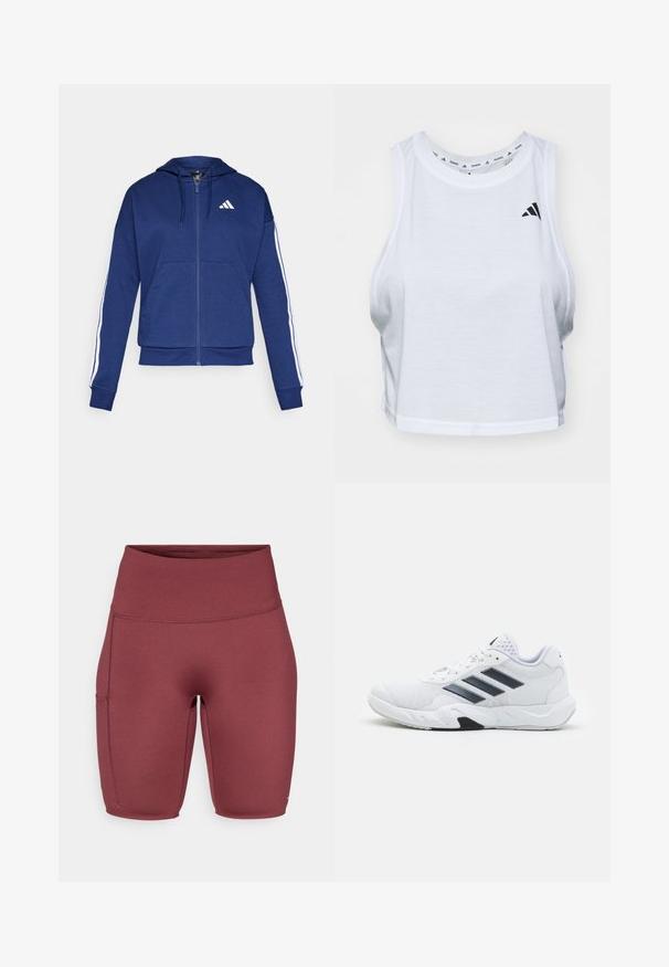 Sweatshirt navy com fecho, feito de tecido macio, com um bolso frontal, riscas brancas nas mangas e um logo no peito.; Top cropped branco feito de tecido leve com decote redondo. Apresenta um logotipo preto no lado esquerdo e textura suave.; Calças curtas de cintura alta em borgonha com um tecido suave e elástico. Apresenta um bolso lateral e um design ajustado, adequado para vestuário desportivo.; Tênis atlético branco com parte superior em malha, três listras pretas de cada lado, detalhes texturizados e uma sola de borracha resistente com uma seção preta contrastante.