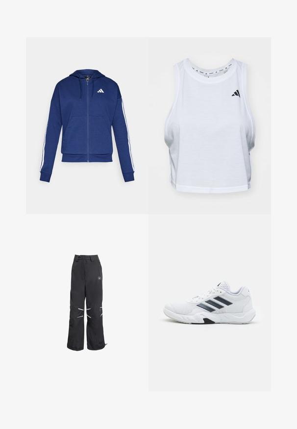 Tamsiai mėlynas užtrauktukas džemperis, pagamintas iš minkštos medžiagos, su priekinėmis kišenėmis, baltomis juostelėmis ant rankovių ir logotipu ant krūtinės.; Balta trumpa vientisa maikutė, pagaminta iš lengvos medžiagos, su apvaliu iškirpimu. Kairėje pusėje yra juodas logotipas, o medžiaga maloni ir lygi.; Juodos plačios kelnės su atspindinčiomis detalėmis ant kelių, aukšta juosmens linija su diržo kilpomis ir apskritas logotipas viršutinėje dešinėje šlaunies dalyje.; Baltas sportinis batelis su tinklelio viršumi, trimis juodomis juostelėmis šone, tekstūruotais akcentais ir tvirtu guminio pado su kontrastinga juoda dalimi.