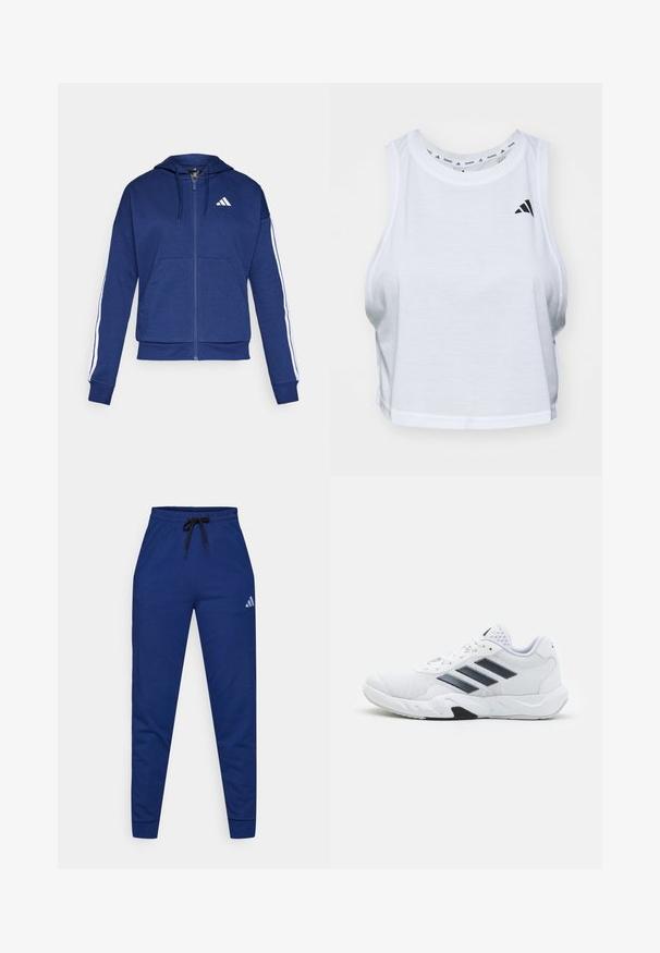 Sweatshirt navy com fecho, feito de tecido macio, com um bolso frontal, riscas brancas nas mangas e um logo no peito.; Top cropped branco feito de tecido leve com decote redondo. Apresenta um logotipo preto no lado esquerdo e textura suave.; Joggers de algodão azuis com uma cintura elástica, cordão ajustável preto e um pequeno logo branco na coxa esquerda. Design ajustado.; Tênis atlético branco com parte superior em malha, três listras pretas de cada lado, detalhes texturizados e uma sola de borracha resistente com uma seção preta contrastante.