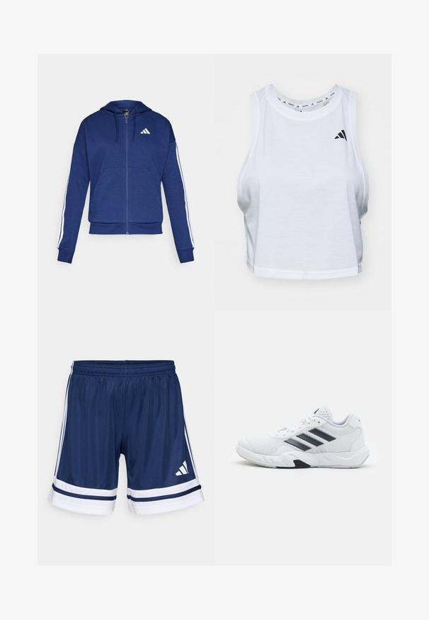 Tamsiai mėlynas užtrauktukas džemperis, pagamintas iš minkštos medžiagos, su priekinėmis kišenėmis, baltomis juostelėmis ant rankovių ir logotipu ant krūtinės.; Balta trumpa vientisa maikutė, pagaminta iš lengvos medžiagos, su apvaliu iškirpimu. Kairėje pusėje yra juodas logotipas, o medžiaga maloni ir lygi.; Tamsiai mėlynos sportinės šortai, pagaminti iš lengvos medžiagos, su baltais akcentais ir trimis baltais dryžiais šonuose. Reguliuojama elastinga juosta.; Baltas sportinis batelis su tinklelio viršumi, trimis juodomis juostelėmis šone, tekstūruotais akcentais ir tvirtu guminio pado su kontrastinga juoda dalimi.