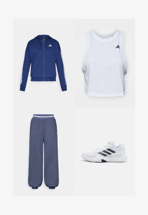 Jūras spēku pelēkais kapucis, kas izgatavots no mīkstas auduma, ar priekšējo kabatu, baltām svītrām gar piedurknēm un logo uz krūtīm.; Balts īsais topiņš ar vieglu audumu un apaļu kakla izgriezumu. Uz kreisās puses ir melns logs un gluda tekstūra.; Tumši zili sporta bikses ar elastīgu jostu, kas izceļas ar baltām svītrām. Brīvs piegriezums ar sašaurinātiem piedurkņu galiem pie potītēm un strukturēta auduma.; Baltā sporta apavi ar sietu augšdaļu, trīs melnām svītrām sānos, teksturētām akcentiem un izturīgu gumijas zoli ar kontrastējošu melnu daļu.