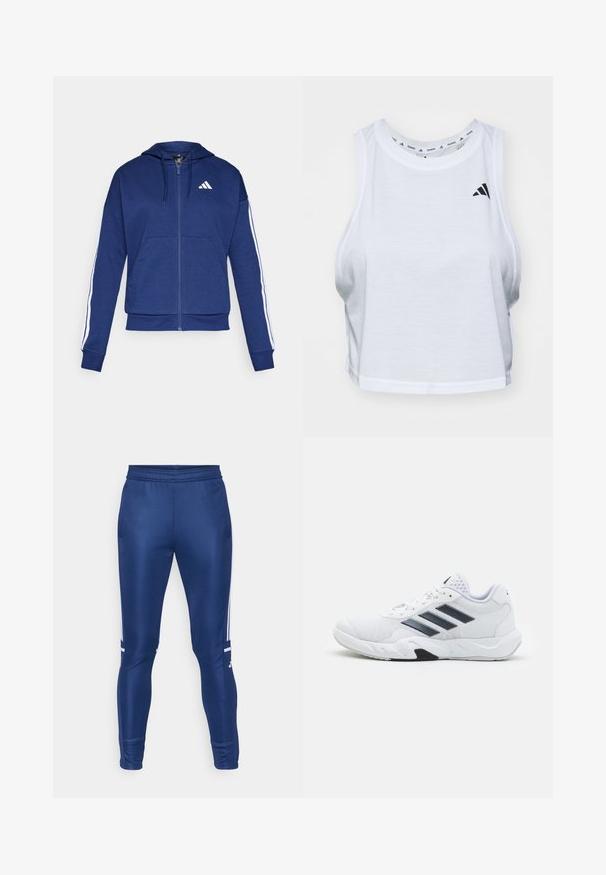 Námornícka zipová mikina vyrobená z mäkkej látky, s prednou vreckom, bielymi pruhmi pozdĺž rukávov a logom na hrudi.; Biely skrátený top bez rukávov vyrobený z ľahkej látky s okrúhlym výstrihom. Obsahuje čierne logo na ľavej strane a má hladkú textúru.; Námornícke športové nohavice so zúženým strihom, vyrobené z hladkej tkaniny, s bielymi bočnými pruhmi a elastickým pásom.; Biele športové topánky s ventilovaným vrchom, tromi čiernymi pruhmi po stranách, textúrovanými akcentmi a pevným gumovým podošvom s kontrastnou čiernou časťou.