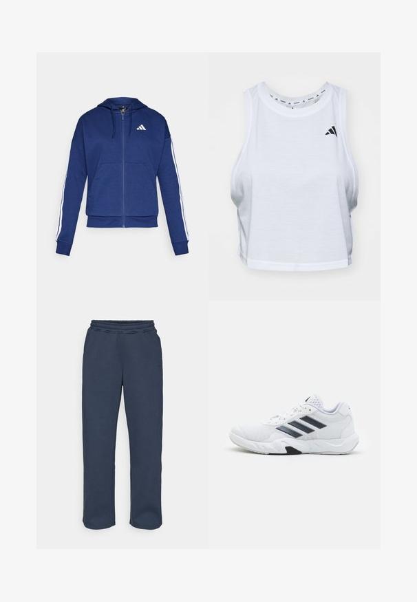 Mornarica zip-up kapuca, izdelana iz mehkega blaga, z obsežnim žepom na sprednji strani, belimi črtami ob rokavih in logotipom na prsih.; Bela kratka majica brez rokavov, izdelana iz lahkega materiala, z okroglim izrezom. Značilna je črna oznaka na levi strani in gladka tekstura.; Mornarice hlače s sproščenim krojem, elastičnim pasom in stranskimi žepi. Narejene iz mehke, teksturirane tkanine za udobje in vzdržljivost.; Bela atletska čevlja z mrežastim zgornjim delom, tremi črnimi črtami na strani, teksturiranimi dodatki in trdim gumijastim podplatom z kontrastnim črnim delom.