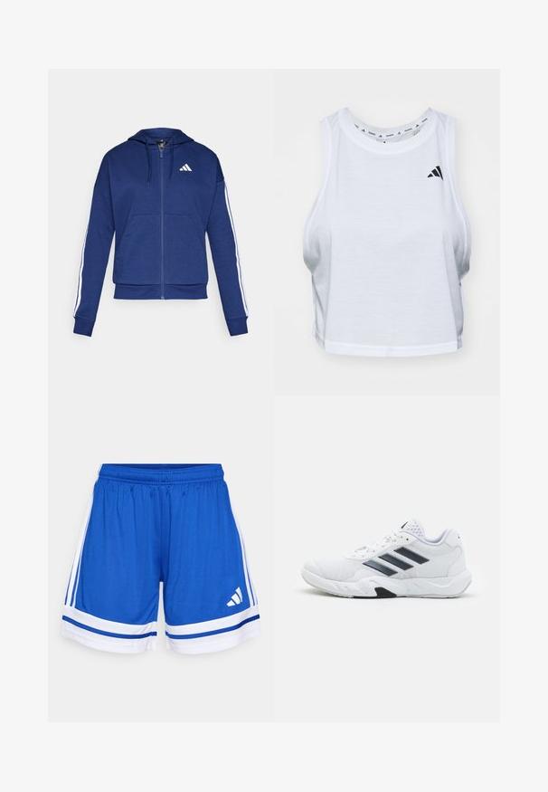Sweatshirt navy com fecho, feito de tecido macio, com um bolso frontal, riscas brancas nas mangas e um logo no peito.; Top cropped branco feito de tecido leve com decote redondo. Apresenta um logotipo preto no lado esquerdo e textura suave.; Calções de desporto azuis com um cós elástico, detalhes brancos e duas riscas brancas laterais. Feitos de um tecido suave e leve.; Tênis atlético branco com parte superior em malha, três listras pretas de cada lado, detalhes texturizados e uma sola de borracha resistente com uma seção preta contrastante.