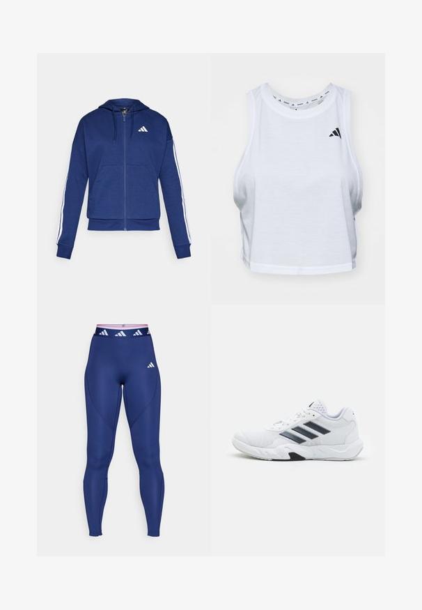 Marineblå zip-hoodie lavet af blødt stof, med en frontlomme, hvide striber langs ærmerne og et logo på brystet.; Hvid cropped tank top lavet af letvægtsstof med en rund hals. Har et sort logo på venstre side og en glat tekstur.; Marineblå sport leggings med høj talje, der har et pink og hvidt logo-bånd. Glat tekstur og atletisk pasform med sømdetaljer.; Hvid atletisk sko med mesh-overdel, tre sorte striber på siden, strukturerede accenter og en robust gummisål med et kontrasterende sort område.