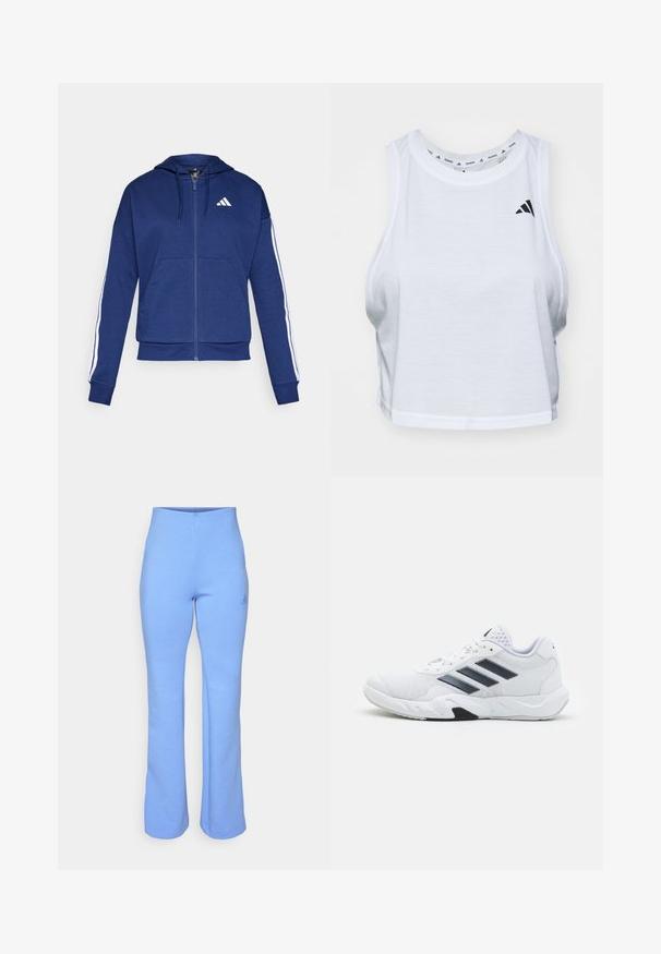 Sweatshirt navy com fecho, feito de tecido macio, com um bolso frontal, riscas brancas nas mangas e um logo no peito.; Top cropped branco feito de tecido leve com decote redondo. Apresenta um logotipo preto no lado esquerdo e textura suave.; Calças largas em algodão azul-claro com uma cintura alta e um pequeno logótipo tonal na coxa esquerda. Textura suave e design casual.; Tênis atlético branco com parte superior em malha, três listras pretas de cada lado, detalhes texturizados e uma sola de borracha resistente com uma seção preta contrastante.