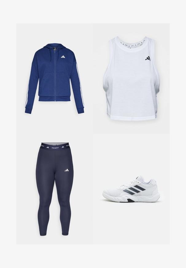 Felpa con zip blu navy realizzata in tessuto morbido, dotata di tasca frontale, strisce bianche lungo le maniche e logo sul petto.; Top corto bianco realizzato in tessuto leggero con scollatura rotonda. Presenta un logo nero sul lato sinistro e una texture liscia.; Leggings blu navy realizzati in tessuto elasticizzato con vita alta. Presentano il marchio "TECHFIT" e un logo Adidas bianco sulla coscia.; Scarpa sportiva bianca con tomaia in mesh, tre strisce nere sui lati, dettagli testurizzati e una suola in gomma robusta con una sezione nera a contrasto.