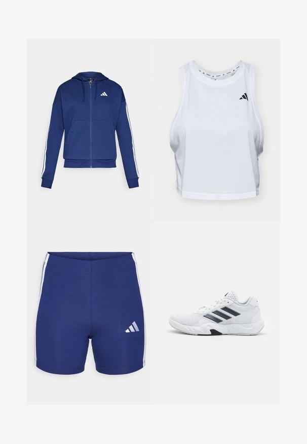 Mornarska zip-up dukserica od mekanog materijala, s prednjim dzepom, bijelim prugama duž rukava i logotipom na prsima.; Bjela skraćena majica bez rukava izrađena od laganog materijala s okruglim izrezom. Sadrži crni logo s lijeve strane i glatku teksturu.; Mornarske atletske kratke hlače od rastezljivog materijala s bijelim bočnim prugama i reflektirajućim Adidas logotipom na lijevoj nozi.; Bijela atletska cipela s mrežastim gornjim dijelom, tri crne pruge sa strane, strukturirani detalji i čvrst gumeni potplat s kontrastnim crnim dijelom.
