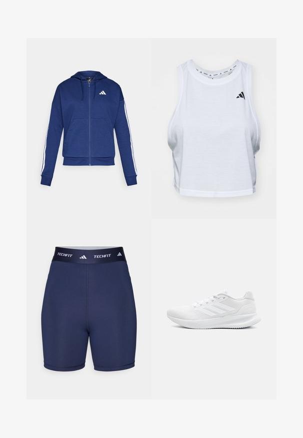 Tumed kapuutsiga jakki pehme kangaga, millel on eesmine tasku, valged triibud varrukatel ja logo rinnal.; Valge lühike tank tops, mis on valmistatud kerge kanga materjalist ja millel on ümar kaelus. Selle küljes on must logo vasakul poolel ja sile tekstuur.; Tumed sinised treeningpüksid siledast materjalist, elastse vöökoha ja "TECHFIT" ning kolme triibu logoga, keha lähedane disain, minimaalsed õmblused.; Valged spordijalatsid, mis on valmistatud võrkmaterjalist, millel on siledisain, ümmargune varvas, struktureeritud konts ja kolm triipu välisküljel.