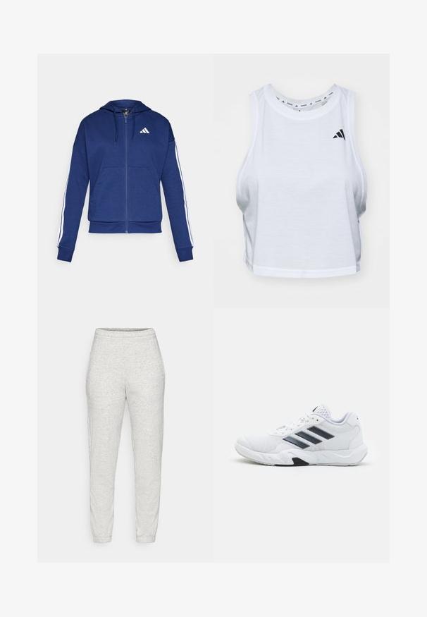 Navy zip-up hoodie made of soft fabric, featuring a front pocket, white stripes along sleeves, and a logo on the chest.; White cropped tank top made of lightweight fabric with a round neck. Features a black logo on the left side and smooth texture.; Light gray sweatpants in soft, textured fabric. Features an elastic waistband and tapered ankles. Simple design without pockets or patterns.; White athletic shoe with mesh upper, three black stripes on the side, textured accents, and a sturdy rubber sole with a contrasting black section.