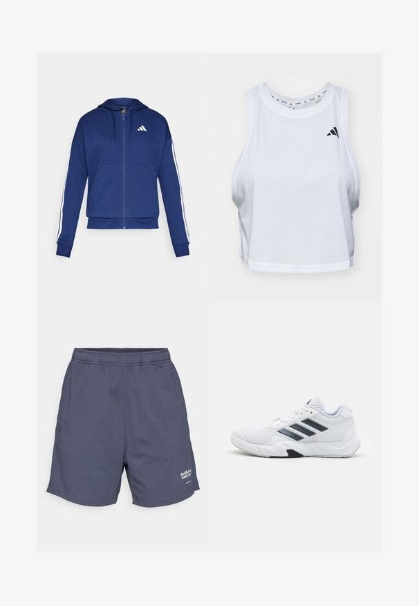 Marineblå hettejakke med glidelås laget av myk stoff, med en frontlomme, hvite striper langs ermene og en logo på brystet.; Hvit, kort tanktopp laget av lett stoff med rund hals. Har en svart logo på venstre side og en glatt tekstur.; Mørkeblå treningsshorts med elastisk midjebånd, sidelommer og en liten hvit logo nederst. Glatt, lett stoff.; Hvit sportsko med mesh-overdel, tre svarte striper på siden, teksturerte detaljer og en solid gummisåle med en kontrasterende svart seksjon.