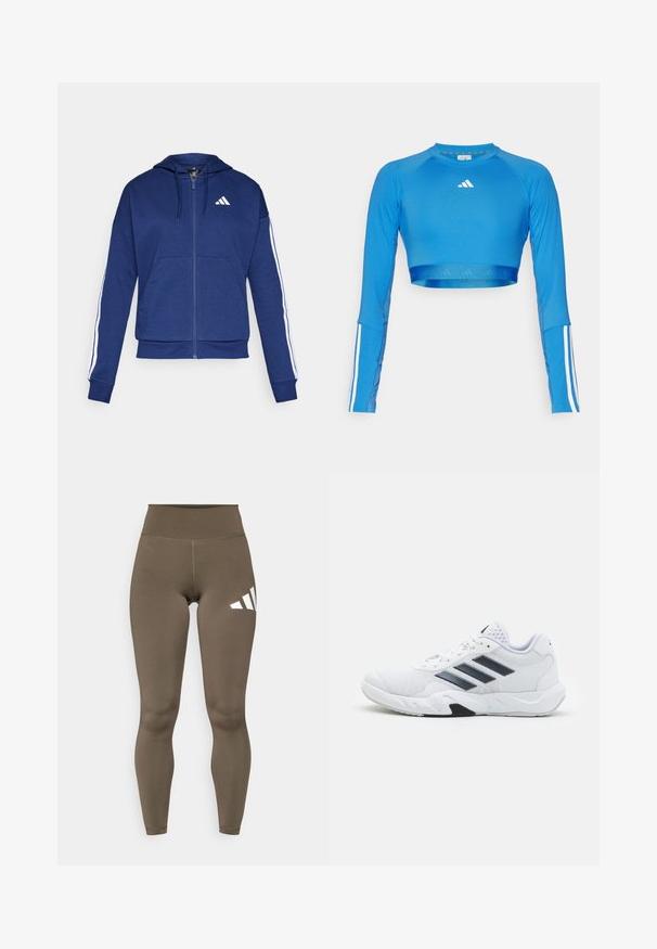Ναυτικό hoodie με φερμουάρ φτιαγμένο από μαλακό ύφασμα, διαθέτει μπροστινή τσέπη, λευκές ρίγες κατά μήκος των μανικιών και λογότυπο στο στήθος.; Μπλε κοντός αθλητικός τοπ με μακριά μανίκια, φτιαγμένο από λείο υλικό, με λευκές ρίγες στα μανίκια και μικρό λογότυπο στο στήθος.; Καφέ ψηλόμεσες κολάν με λεία υφή, που διαθέτουν το λευκό λογότυπο της Adidas στο αριστερό μηρό και σχέδιο μέχρι τον αστράγαλο.; Λευκό αθλητικό παπούτσι με πλέγμα στην άνω επιφάνεια, τρεις μαύρες ρίγες στο πλάι, υφές με αντίθεση, και ανθεκτική καουτσούκ σόλα με μια αντιπαραβαλλόμενη μαύρη περιοχή.