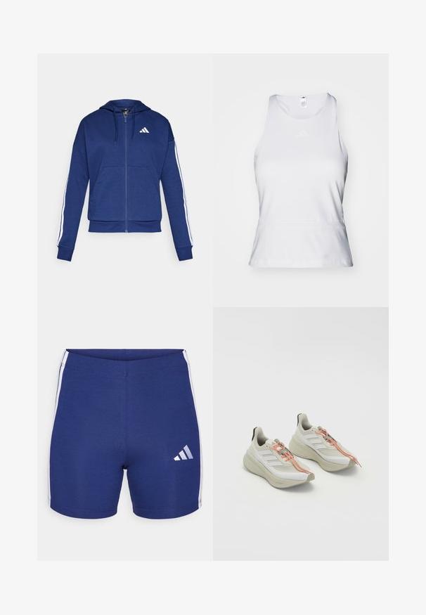 Marinblå ziphoodie i mjukt tyg, med en framficka, vita ränder längs ärmarna och en logotyp på bröstet.; Vit ärmlös träningströja med rund hals, slät textur och subtil tonalt logotyp på bröstet. Rätt nederkant vid midjan.; Marina blå sportshorts tillverkade av stretchigt material med vita sidostripes och en reflekterande Adidas-logotyp på vänster ben.; Ljust färgade sportskor med en strukturerad vit tygöverdel, orange snörning och en tjock, dämpad sula. Tredelad design på sidan.