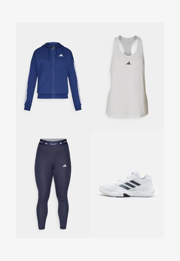Granatowa bluza z kapturem na zamek, wykonana z miękkiego materiału, z przednią kieszenią, białymi paskami wzdłuż rękawów i logo na klatce piersiowej.; Biała sportowa koszulka bez rękawów wykonana z lekkiego materiału, z plecakiem i małym czarnym logo na klatce piersiowej.; Granatowe legginsy z elastycznego materiału z wysokim stanem. Zawierają branding "TECHFIT" oraz białe logo Adidas na udzie.; Białe buty sportowe z siateczkową cholewką, trzy czarne paski po boku, teksturowane akcenty i solidna gumowa podeszwa z kontrastującą czarną sekcją.