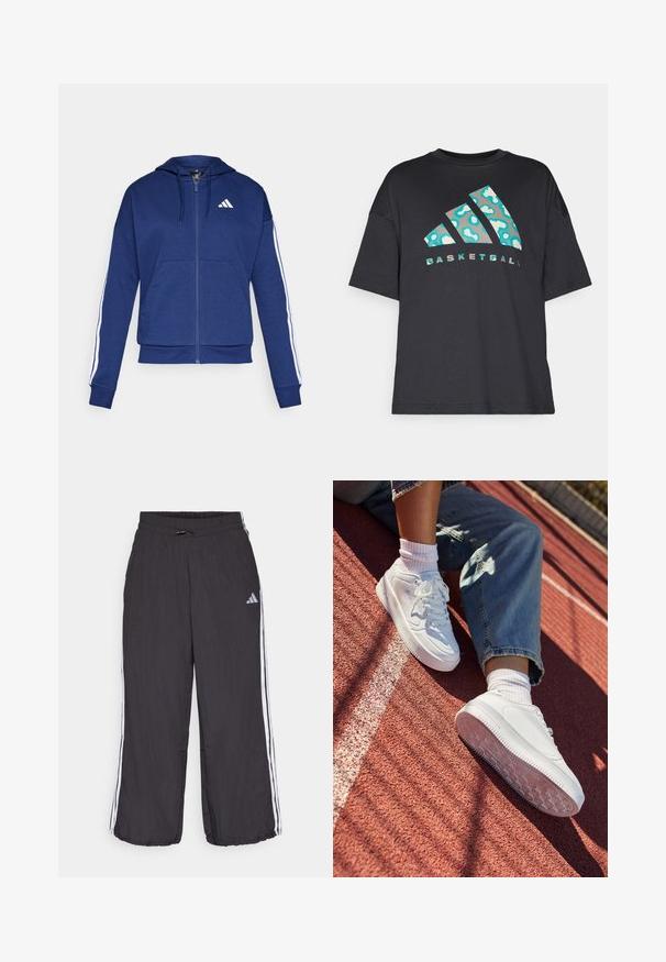 Mornarska zip-up dukserica od mekanog materijala, s prednjim dzepom, bijelim prugama duž rukava i logotipom na prsima.; Crna oversized majica od pamuka s tirkiznim apstraktnim uzorkom i riječju "KOŠARKA" u kontrastnom tekstu ispod logotipa.; Crne trenirke s elastičnim pojasom, s bijelim bočnim trakama i diskretnim brendom na gornjoj lijevoj nozi. Lagani materijal.; Bijele kožne tenisice s perforiranim prstima, ravnim vezicama i gumiranim potplatom. Nosi se s bijelim čarapama i svijetloplavim trapericama, na crvenoj atletskoj stazi.