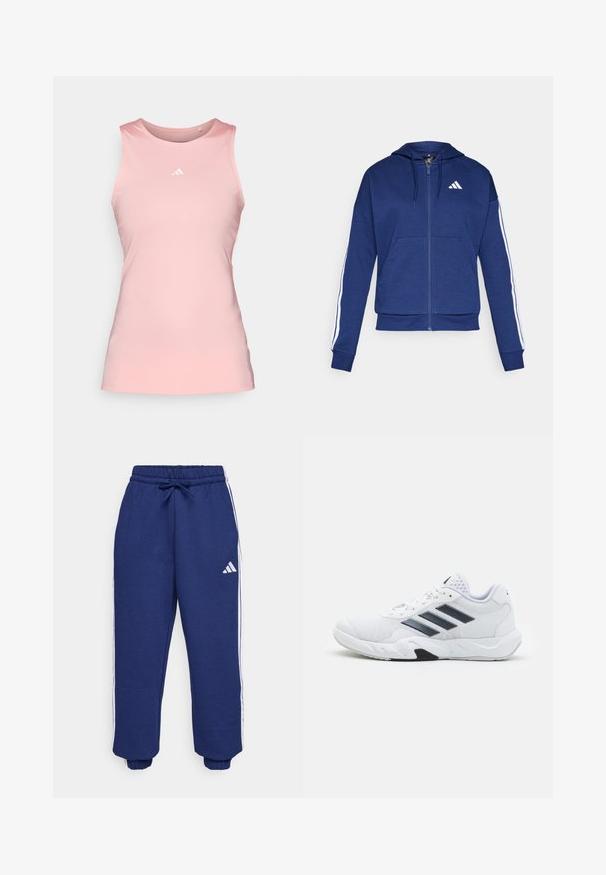 Námornícka zipová mikina vyrobená z mäkkej látky, s prednou vreckom, bielymi pruhmi pozdĺž rukávov a logom na hrudi.; adidas Performance RACERBACK - Top - semi pink spark; Námorné športové nohavice vyrobené z jemného materiálu, s bielymi bočnými pruhmi, elastickým pásom s nastaviteľnou šnúrkou a elastickými manžetami.; Biele športové topánky s ventilovaným vrchom, tromi čiernymi pruhmi po stranách, textúrovanými akcentmi a pevným gumovým podošvom s kontrastnou čiernou časťou.