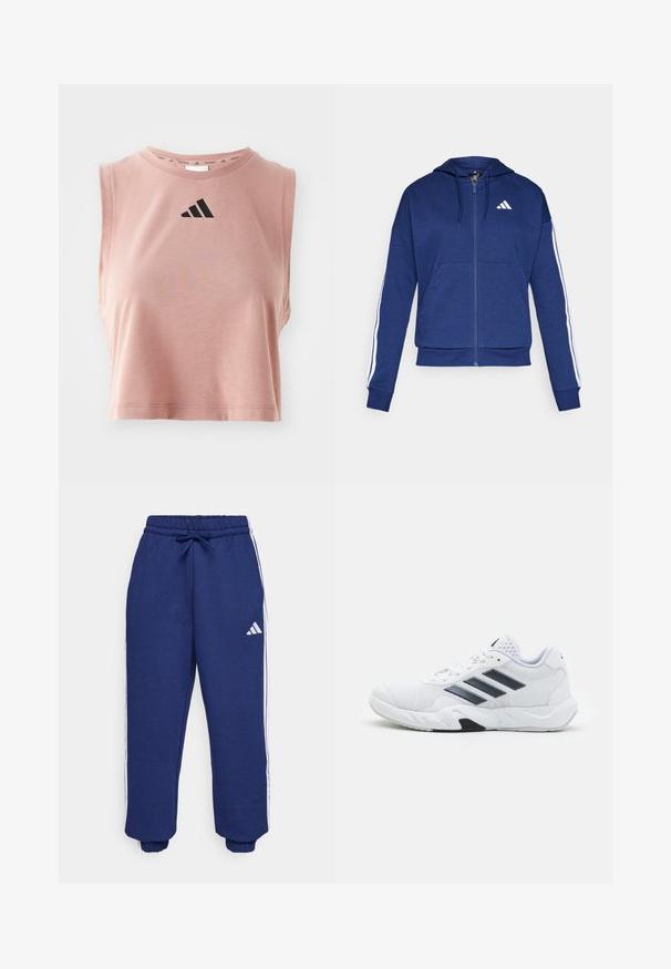 Marineblå hettejakke med glidelås laget av myk stoff, med en frontlomme, hvite striper langs ermene og en logo på brystet.; Rosa kort topp laget av myk stoff, med rund hals og svart Adidas-logo på forsiden. Uten ermer.; Navy atletiske bukser laget av mykt stoff, med hvite sidestrekker, elastisk linning med justerbar snor og elastiske mansjetter.; Hvit sportsko med mesh-overdel, tre svarte striper på siden, teksturerte detaljer og en solid gummisåle med en kontrasterende svart seksjon.