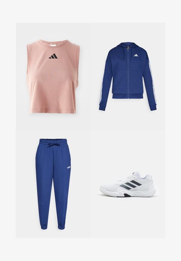 Tumed kapuutsiga jakki pehme kangaga, millel on eesmine tasku, valged triibud varrukatel ja logo rinnal.; Roosa lühike tipp, mis on valmistatud pehmest kangast, ümmarguse kaelusega ja musta Adidas logoga ees. Rinnata disain.; Sinised puuvillased spordipüksid, millel on elastne vöökoht, reguleeritav nöör ja elastsed mansetid. Esiküljel on väike valge Adidas logo.; Valge spordijalats, millel on võrkpealne, kolm musta triipu küljepeal, tekstuuriga aktsendid ning tugev kummist tallaosa, millel on kontrastne must osa.