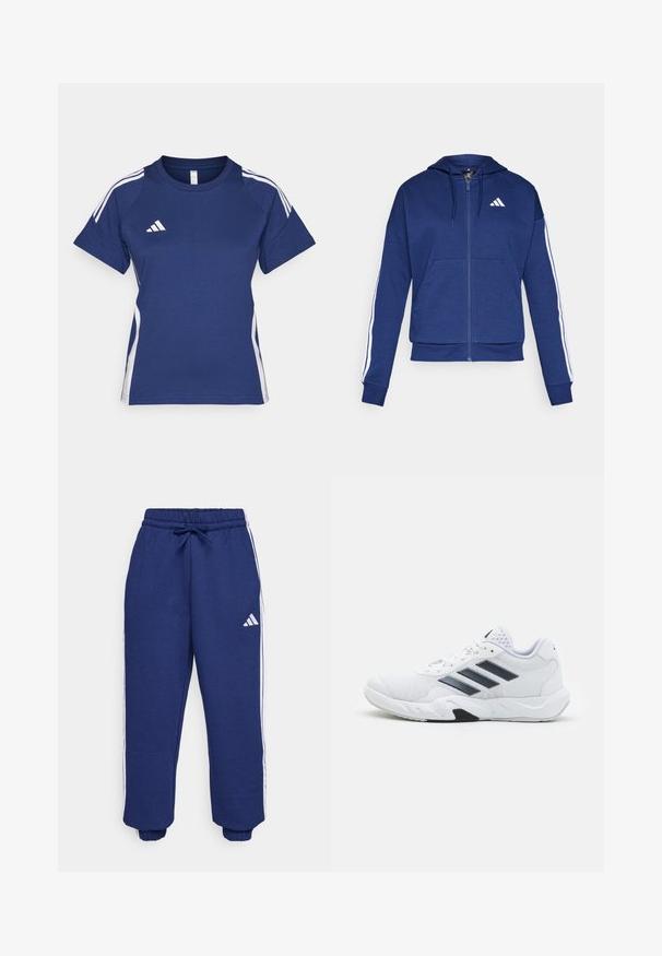 Tumed kapuutsiga jakki pehme kangaga, millel on eesmine tasku, valged triibud varrukatel ja logo rinnal.; Tumed sinine spordit-särk valgete külgtriipudega ja Adidas logo rinnaosal. Lühikesed varrukad ja ümar kaelus. Puuvillasegu materjal.; Tumed sportlikud püksid, mis on valmistatud pehmest kangast, valgete küljeribadega, elastse vöökoha ja reguleeritava nööriga ning elastsete mansettidega.; Valge spordijalats, millel on võrkpealne, kolm musta triipu küljepeal, tekstuuriga aktsendid ning tugev kummist tallaosa, millel on kontrastne must osa.