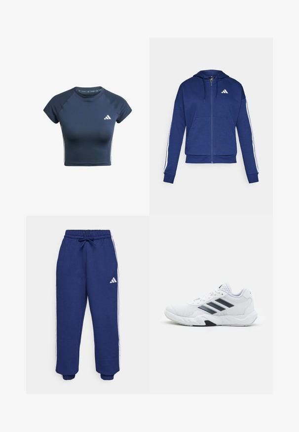 Navy zip-up hoodie made of soft fabric, featuring a front pocket, white stripes along sleeves, and a logo on the chest.; Navy blue athletic crop top with short sleeves, ribbed shoulder sections, and white stripe accents along the sides. Features brand logo on chest.; Navy athletic pants made of soft fabric, featuring white side stripes, elastic waistband with adjustable drawstring, and elastic cuffs.; White athletic shoe with mesh upper, three black stripes on the side, textured accents, and a sturdy rubber sole with a contrasting black section.