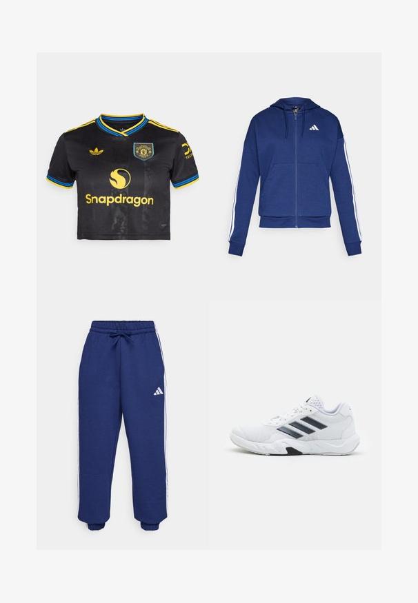 Sweatshirt navy com fecho, feito de tecido macio, com um bolso frontal, riscas brancas nas mangas e um logo no peito.; Camisa de futebol preta cropped com detalhes em amarelo e azul, apresentando um colarinho redondo, logo e texto do patrocinador em amarelo na parte da frente.; Calças atléticas em azul-marinho, feitas de um tecido macio, com riscas brancas nas laterais, cintura elástica com cordão ajustável e punhos elásticos.; Tênis atlético branco com parte superior em malha, três listras pretas de cada lado, detalhes texturizados e uma sola de borracha resistente com uma seção preta contrastante.