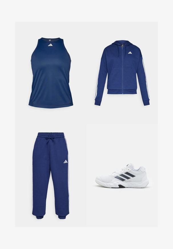 Sudadera con cremallera en color azul marino, hecha de tela suave, con un bolsillo frontal, rayas blancas a lo largo de las mangas y un logo en el pecho.; Top tipo tank de color marino, hecho de una tela suave y transpirable. Presenta un cuello redondo y un logo blanco en el pecho con costuras contrastantes.; Pantalones deportivos de color marino hechos de tela suave, con franjas laterales blancas, cintura elástica con cordón ajustable y puños elásticos.; Zapatilla deportiva blanca con parte superior de malla, tres franjas negras a los lados, acentos texturizados y una suela de goma resistente con una sección negra en contraste.