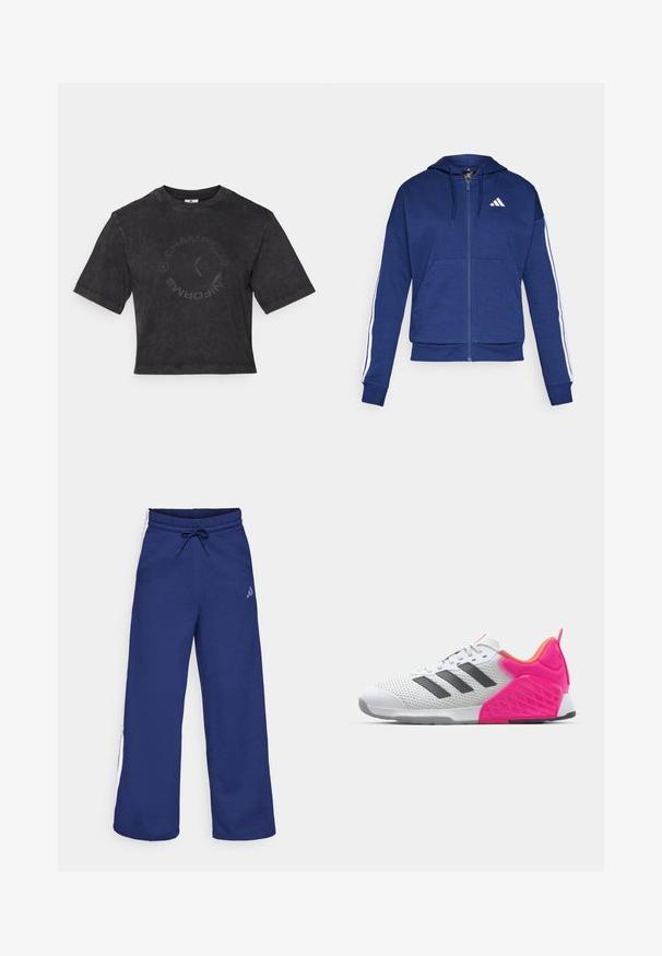 Sudadera con cremallera en color azul marino, hecha de tela suave, con un bolsillo frontal, rayas blancas a lo largo de las mangas y un logo en el pecho.; Camiseta negra corta de algodón suave con cuello redondo. Presenta una sutil impresión circular de "CAMPEONES" en la parte frontal y mangas cortas.; Pantalones de chándal azul marino con cintura ajustable y franjas blancas laterales. Hechos de una tela suave con un corte relajado; presenta el logotipo de Adidas.; Zapatilla deportiva blanca con rayas grises, parte superior de malla y talón y acentos en rosa. Presenta un talón texturizado y una suela de goma. Cuerdas y collar acolchado.