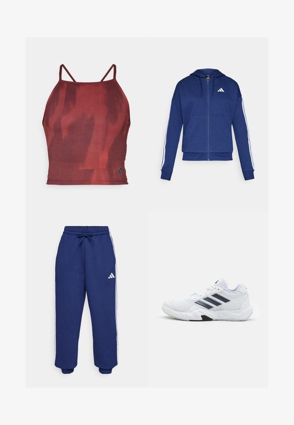 Námornícka zipová mikina vyrobená z mäkkej látky, s prednou vreckom, bielymi pruhmi pozdĺž rukávov a logom na hrudi.; Červený, textúrovaný športový crop top s tenkými ramienkami a jemným vzorom. Na dolnej pravej strane sa nachádza malé čierne logo.; Námorné športové nohavice vyrobené z jemného materiálu, s bielymi bočnými pruhmi, elastickým pásom s nastaviteľnou šnúrkou a elastickými manžetami.; Biele športové topánky s ventilovaným vrchom, tromi čiernymi pruhmi po stranách, textúrovanými akcentmi a pevným gumovým podošvom s kontrastnou čiernou časťou.