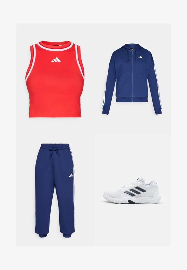 Mornarica zip-up kapuca, izdelana iz mehkega blaga, z obsežnim žepom na sprednji strani, belimi črtami ob rokavih in logotipom na prsih.; Rdeč kratki top z okroglim izrezom, narejen iz elastičnega materiala, z belimi obrobami in logotipom Adidas na sprednji strani.; Morske atletične hlače iz mehkega materiala, z belimi stranskimi črtami, elastičnim pasom z nastavljivo vrvico in elastičnimi konci.; Bela atletska čevlja z mrežastim zgornjim delom, tremi črnimi črtami na strani, teksturiranimi dodatki in trdim gumijastim podplatom z kontrastnim črnim delom.