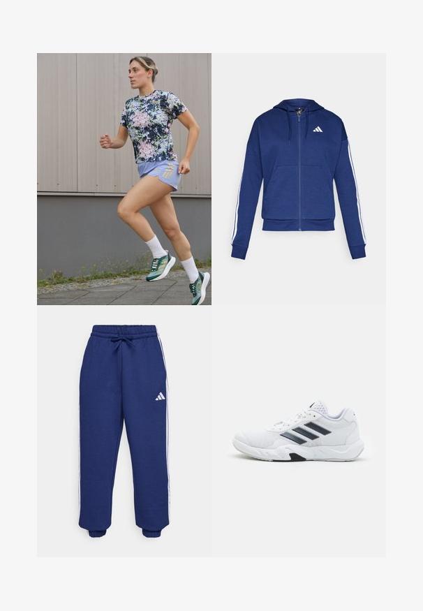 Marinblå ziphoodie i mjukt tyg, med en framficka, vita ränder längs ärmarna och en logotyp på bröstet.; adidas Performance TEE - T-shirt till träning - aurora ink/sandy pink; Marina idrottsbyxor gjorda av mjukt tyg, med vita sidostripes, elastisk midja med justerbar dragningssnodd och elastiska muddar.; Vit sportskor med mesh-överdel, tre svarta ränder på sidan, texturerade detaljer och en stadig gummisula med en kontrasterande svart del.