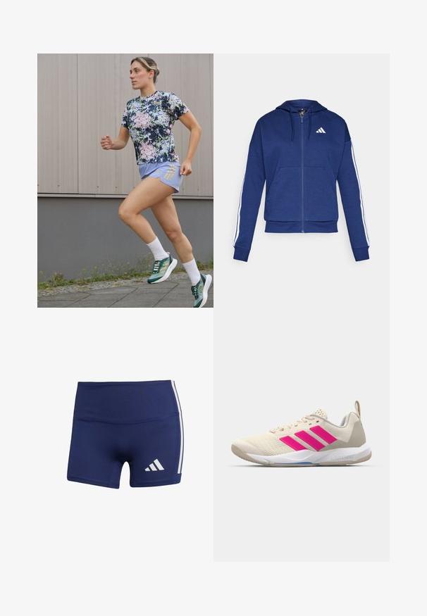 Sudadera con cremallera en color azul marino, hecha de tela suave, con un bolsillo frontal, rayas blancas a lo largo de las mangas y un logo en el pecho.; adidas Performance TEE - Camiseta deportiva - aurora ink/sandy pink; Pantalones cortos deportivos de color azul marino con un ajuste ceñido, hechos de una tela suave, con rayas blancas en los costados y un logotipo en la parte inferior izquierda.; Zapatilla deportiva beige con logo de tres rayas rosa, parte superior de malla texturizada, cuello acolchado y suela de goma blanca, con la marca "LIGHTSTRIKE".