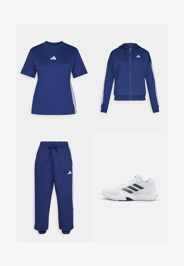 Námořnická zipová mikina vyrobená z měkké tkaniny, vybavená přední kapsou, bílými pruhy na rukávech a logem na hrudi.; Námorně modré tričko s krátkým rukávem vyrobené z bavlny s vysokým výstřihem, s bílým logem a kontrastními bílými bočními pruhy.; Námořnické sportovní kalhoty vyrobené z měkké tkaniny, s bílými postranními pruhy, elastickým pasem s nastavitelnou šňůrkou a elastickými manžetami.; Bílé sportovní boty s vrškem ze síťoviny, třemi černými pruhy po stranách, texturovanými akcenty a odolnou gumovou podrážkou s kontrastní černou částí.