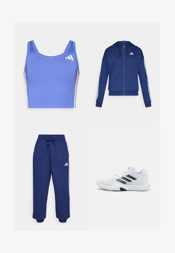 Hanorac navy cu fermoar, confectionat dintr-un material moale, având o buzunar frontal, dungi albe pe mâneci și un logo pe piept.; Top sportiv de culoare albastră deschisă, realizat dintr-un material elastic, având un decolteu rotund, bretele late și dungi albe pe lateral cu un logo în partea stângă sus.; Pantaloni de sport navy dintr-un material moale, cu dungi laterale albe, talie elastică cu șnur ajustabil și mansete elastice.; Adidași albi cu partea superioară din plasă, trei dungi negre pe lateral, accente texturate și o talpă din cauciuc solidă cu o secțiune contrastantă neagră.
