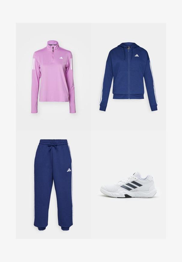 Navy zip-up hoodie made of soft fabric, featuring a front pocket, white stripes along sleeves, and a logo on the chest.; adidas Performance Long sleeved top - preloved purple; Navy athletic pants made of soft fabric, featuring white side stripes, elastic waistband with adjustable drawstring, and elastic cuffs.; White athletic shoe with mesh upper, three black stripes on the side, textured accents, and a sturdy rubber sole with a contrasting black section.