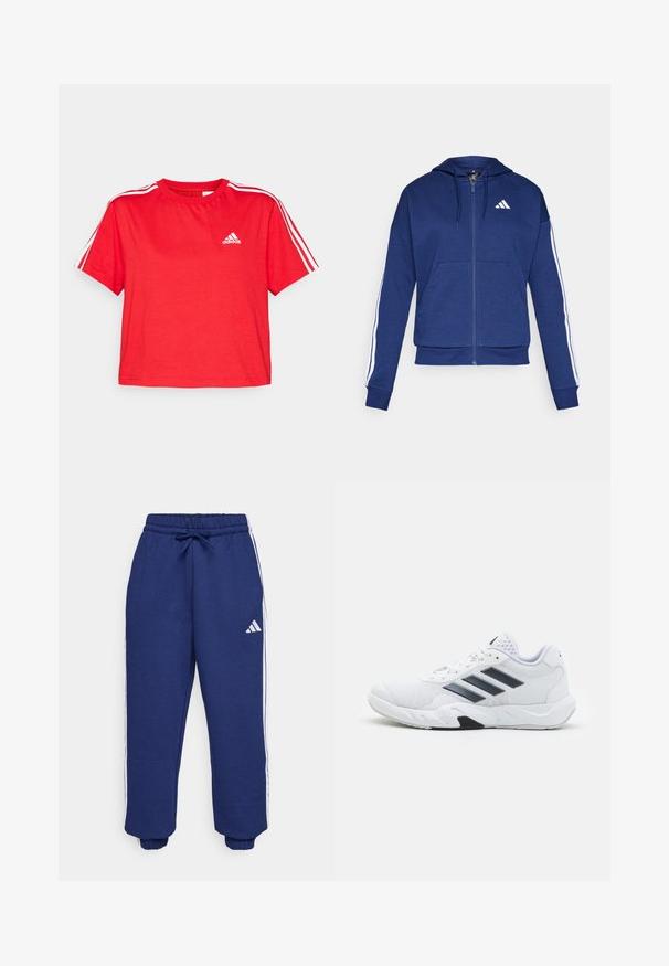 Námornícka zipová mikina vyrobená z mäkkej látky, s prednou vreckom, bielymi pruhmi pozdĺž rukávov a logom na hrudi.; adidas Sportswear ESSENTIALS 3 STRIPES SINGLE CROPPED - Tričko s potlačou - better scarlet; Námorné športové nohavice vyrobené z jemného materiálu, s bielymi bočnými pruhmi, elastickým pásom s nastaviteľnou šnúrkou a elastickými manžetami.; Biele športové topánky s ventilovaným vrchom, tromi čiernymi pruhmi po stranách, textúrovanými akcentmi a pevným gumovým podošvom s kontrastnou čiernou časťou.