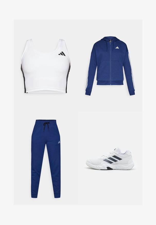 Navy-Zipper-Hoodie aus weichem Stoff, mit einer Fronttasche, weißen Streifen entlang der Ärmel und einem Logo auf der Brust.; Weißes Sport-Crop-Top aus strukturiertem Stoff, mit schwarzen Seitenstreifen und einem schwarzen Logo auf der oberen linken Seite. Klassisches Design mit breiten Trägern.; Blaue Baumwoll-Jogginghosen mit elastischem Bund, verstellbarem schwarzen Kordelzug und einem kleinen weißen Logo am linken Oberschenkel. Figurbetonter Schnitt.; Weißer Sportschuh mit Mesh-Obermaterial, drei schwarzen Streifen an der Seite, strukturierten Akzenten und einer robusten Gummisohle mit einem kontrastierenden schwarzen Bereich.