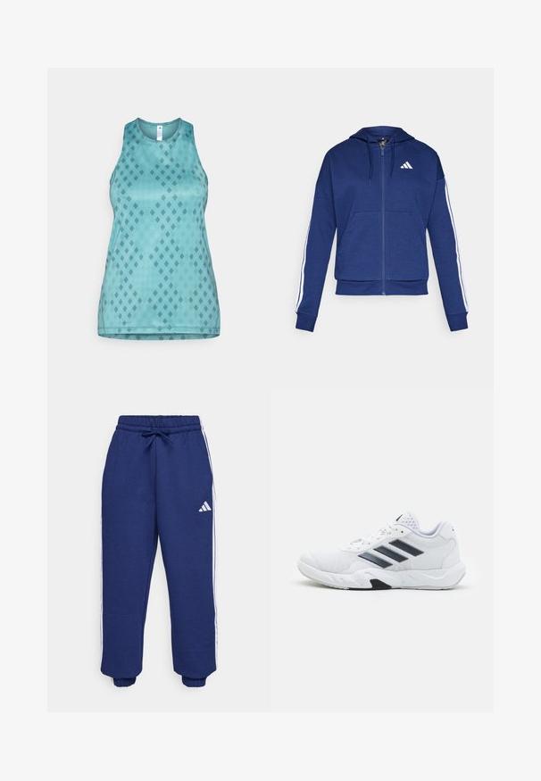Hanorac navy cu fermoar, confectionat dintr-un material moale, având o buzunar frontal, dungi albe pe mâneci și un logo pe piept.; Top fără mâneci de culoare albastră deschisă, având un model cu diamante în nuanțe mai închise, realizat dintr-un material texturat cu un guler rotund.; Pantaloni de sport navy dintr-un material moale, cu dungi laterale albe, talie elastică cu șnur ajustabil și mansete elastice.; Adidași albi cu partea superioară din plasă, trei dungi negre pe lateral, accente texturate și o talpă din cauciuc solidă cu o secțiune contrastantă neagră.