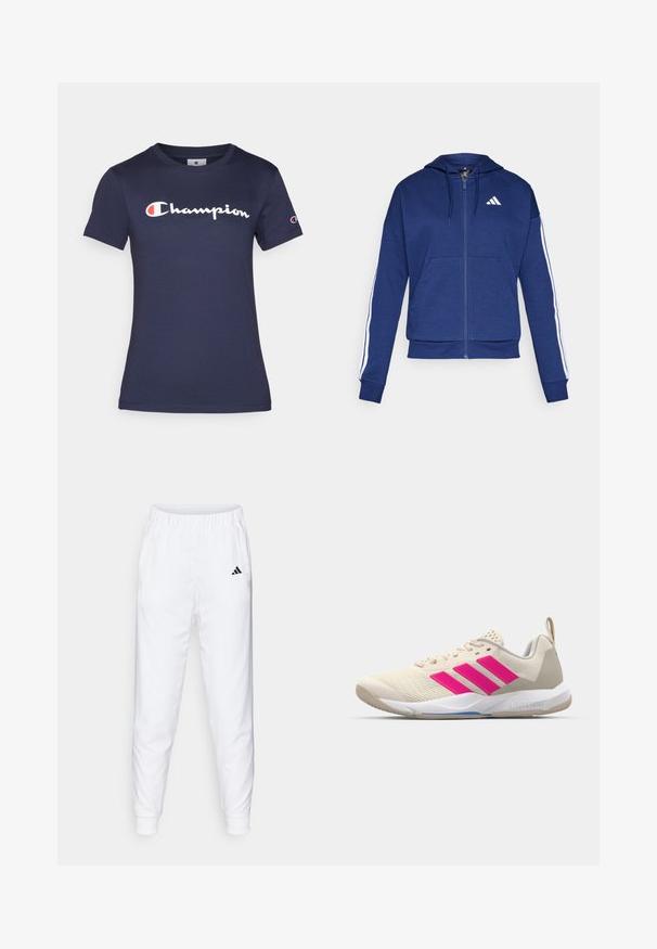 Námořnická zipová mikina vyrobená z měkké tkaniny, vybavená přední kapsou, bílými pruhy na rukávech a logem na hrudi.; Námořnická modrá bavlněná tričko s krátkým rukávem, na kterém je bílé logo "Champion". Normální střih s kulatým výstřihem a měkkou texturou.; Bílé sportovní kalhoty s elastickým pasem a manžetami. Mají boční kapsy a malé černé logo na levém stehně. Hladký povrch látky.; Béžová sportovní obuv s růžovým logem tří pruhů, texturovaným síťovaným svrškem, polstrovaným límcem a bílou gumovou podešví, s označením "LIGHTSTRIKE".
