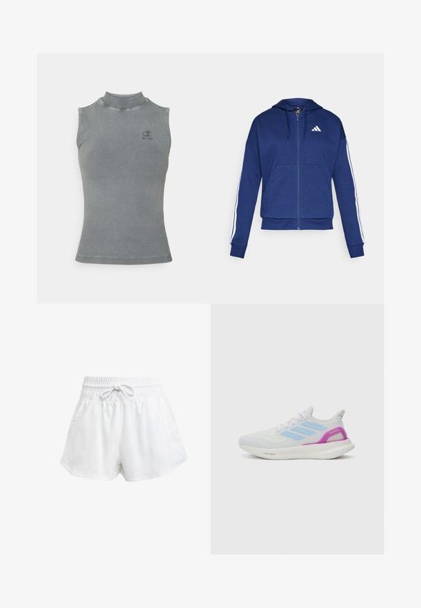 Sweatshirt navy com fecho, feito de tecido macio, com um bolso frontal, riscas brancas nas mangas e um logo no peito.; Top de malha cinza com decote alto e design sem mangas. Apresenta um pequeno logótipo bordado no peito e uma silhueta ajustada.; Calções de desporto brancos com um cós elástico e cordão ajustável. Feitos de material leve, apresentam bolsos laterais e um corte largo.; adidas Performance PUREBOOST 5 - Sapatos para corrida em estrada - white/glow blue/purple burst