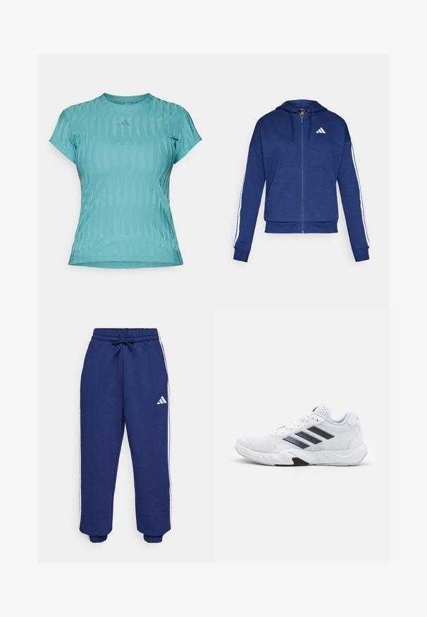 Tummansininen zip-up huppari, joka on valmistettu pehmeästä kankaasta. Hupparissa on etutasku, valkoiset raidat hihoissa ja logo rinnassa.; Vesimäinen lyhythihainen urheilupaita, jossa on kuvioitu pinta, pyöreä kaula-auko ja pieni logo rinnassa.; Meripaidat sinisessä sävyssä, valmistettu pehmeästä kankaasta, valkoisilla sivuviivoilla, joustavalla vyötäröllä, jossa on säädettävä nauha, ja joustavilla hihansuilla.; Valkoiset urheilukengät, joissa on verkkomateriaali päällisessä, kolme mustaa raitaa sivussa, teksturoidut yksityiskohdat ja kestävä kumipohja, jossa on kontrastina musta osa.