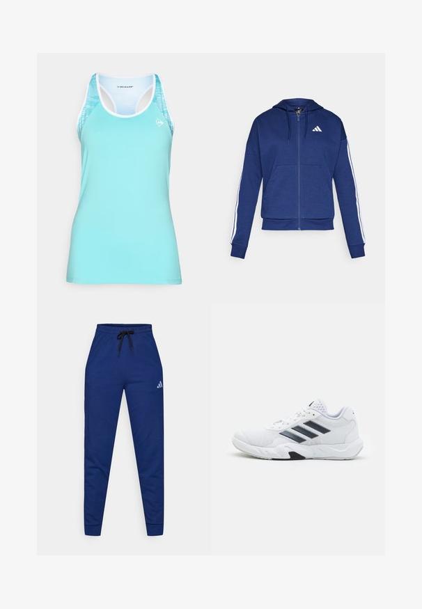 Marineblå hettejakke med glidelås laget av myk stoff, med en frontlomme, hvite striper langs ermene og en logo på brystet.; Turkist idrettstopp med racerback-design, hvit kanting og et mønstrete akcent på skuldrene for bedre pusteevne.; Blå bomulls joggebukser med elastisk midje, justerbar svart snøring og en liten hvit logo på venstre lår. Tett design.; Hvit sportsko med mesh-overdel, tre svarte striper på siden, teksturerte detaljer og en solid gummisåle med en kontrasterende svart seksjon.