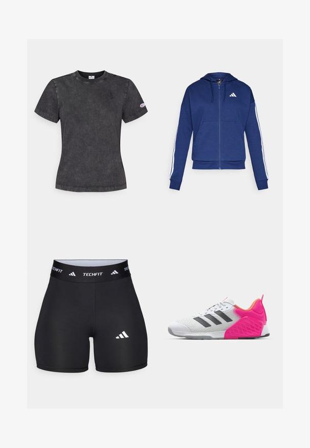Sweatshirt navy com fecho, feito de tecido macio, com um bolso frontal, riscas brancas nas mangas e um logo no peito.; T-shirt preta de algodão de manga curta com decote redondo, apresentando um pequeno logo no peito e um logo adicional na manga, acabamento texturizado.; Calções pretos feitos de um tecido elástico com um design ajustado. Apresentam uma ampla faixa na cintura preta rotulada como "TECHFIT" e um logótipo branco na perna.; Sapatilha desportiva branca com riscas cinzentas, parte superior em malha e calcanhar e detalhes cor-de-rosa. Apresenta um calcanhar texturizado e sola de borracha. Cadarços e colarinho acolchoado.
