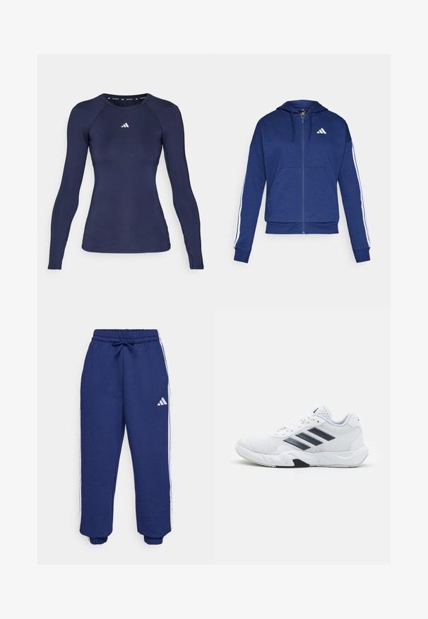 Marineblå zip-hoodie lavet af blødt stof, med en frontlomme, hvide striber langs ærmerne og et logo på brystet.; adidas Performance TF LS T - Langærmet T-shirt - legend ink; Marine sportsbukser lavet af blødt stof, med hvide sidelister, elastisk talje med justerbar snoretræk og elastiske manchetter.; Hvid atletisk sko med mesh-overdel, tre sorte striber på siden, strukturerede accenter og en robust gummisål med et kontrasterende sort område.