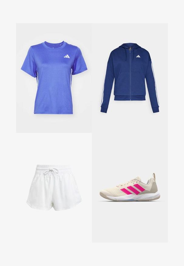 Sweatshirt navy com fecho, feito de tecido macio, com um bolso frontal, riscas brancas nas mangas e um logo no peito.; T-shirt atlético azul feito de um tecido liso e leve. Mangas curtas, decote redondo, com logotipo branco e riscas laterais.; Calções de desporto brancos com um cós elástico e cordão ajustável. Feitos de material leve, apresentam bolsos laterais e um corte largo.; Sapata atlética bege com logotipo de três riscas cor-de-rosa, parte superior em malha texturizada, colarinho acolchoado e sola de borracha branca, apresentando a marca "LIGHTSTRIKE".