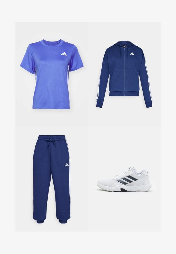 Námořnická zipová mikina vyrobená z měkké tkaniny, vybavená přední kapsou, bílými pruhy na rukávech a logem na hrudi.; Modré sportovní tričko vyrobené z hladké, lehké tkaniny. Krátké rukávy, kulatý výstřih, obsahuje bílé logo a boční pruhy.; Námořnické sportovní kalhoty vyrobené z měkké tkaniny, s bílými postranními pruhy, elastickým pasem s nastavitelnou šňůrkou a elastickými manžetami.; Bílé sportovní boty s vrškem ze síťoviny, třemi černými pruhy po stranách, texturovanými akcenty a odolnou gumovou podrážkou s kontrastní černou částí.