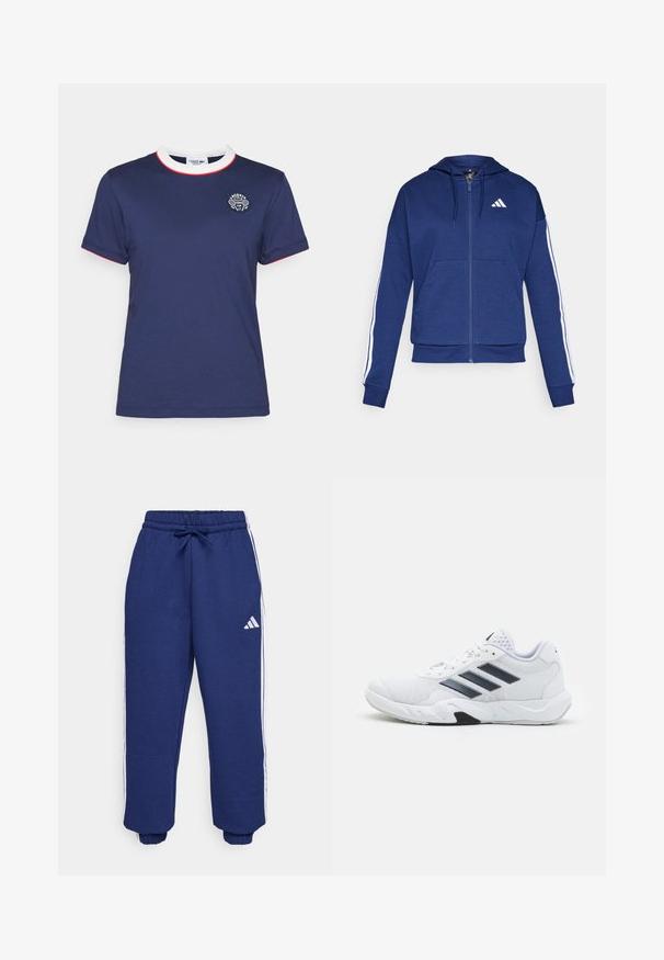 Sweatshirt navy com fecho, feito de tecido macio, com um bolso frontal, riscas brancas nas mangas e um logo no peito.; T-shirt azul-marinho com colarinho branco decorado em vermelho. Apresenta um pequeno logótipo bordado no peito. Mangas curtas e tecido macio.; Calças atléticas em azul-marinho, feitas de um tecido macio, com riscas brancas nas laterais, cintura elástica com cordão ajustável e punhos elásticos.; Tênis atlético branco com parte superior em malha, três listras pretas de cada lado, detalhes texturizados e uma sola de borracha resistente com uma seção preta contrastante.