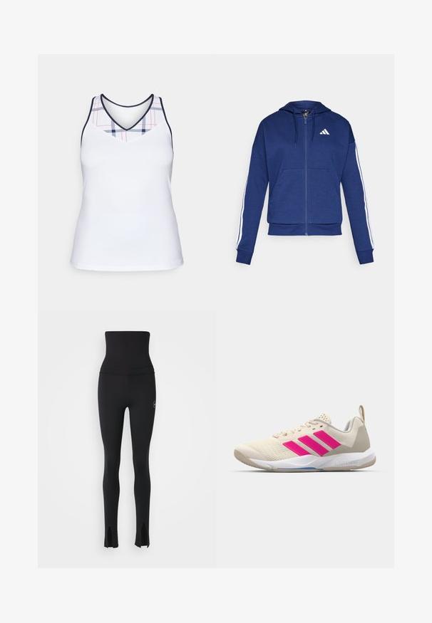 Marineblå zip-hoodie lavet af blødt stof, med en frontlomme, hvide striber langs ærmerne og et logo på brystet.; Hvid sports tanktop med v-hals og et ternet mønster i marineblå og rød på den øverste del. Glat, let stof.; adidas by Stella McCartney Tights - black; Beige sportsko med pink tre-stribede logo, tekstureret mesh overdel, polstret krave og hvid gummisål, med "LIGHTSTRIKE" branding.